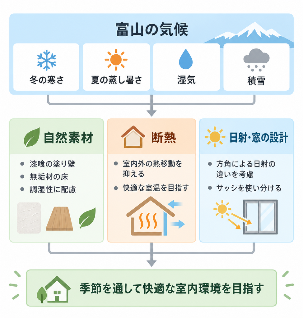富山の気候に対し自然素材・断熱・日射や窓の設計を組み合わせ快適な室内環境を目指す小澤建築の住まいづくり
