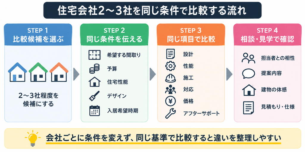 住宅会社2〜3社へ同じ条件を伝え、設計・性能・価格などを比較する4ステップ図