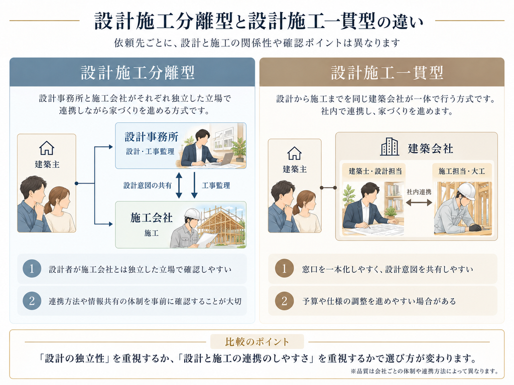 設計事務所と施工会社に別々に依頼する設計施工分離型と、一社で設計から施工まで対応する設計施工一貫型の違いを示した比較図