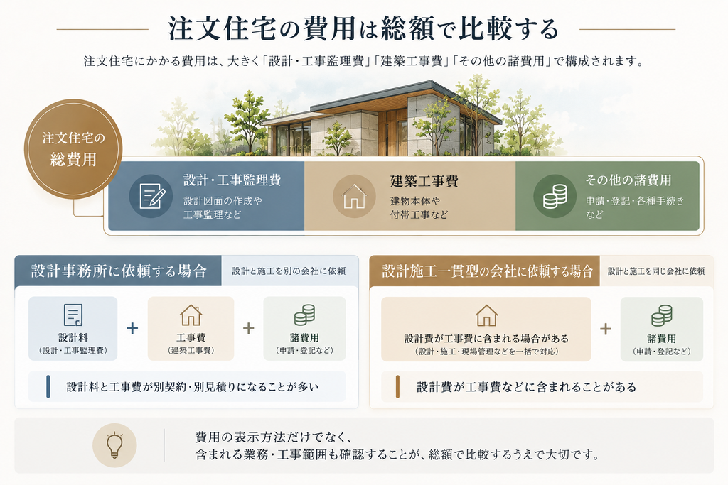 注文住宅の総費用を設計・工事監理費、建築工事費、その他の諸費用に分け、設計事務所と設計施工一貫型の費用構成の違いを比較した図解