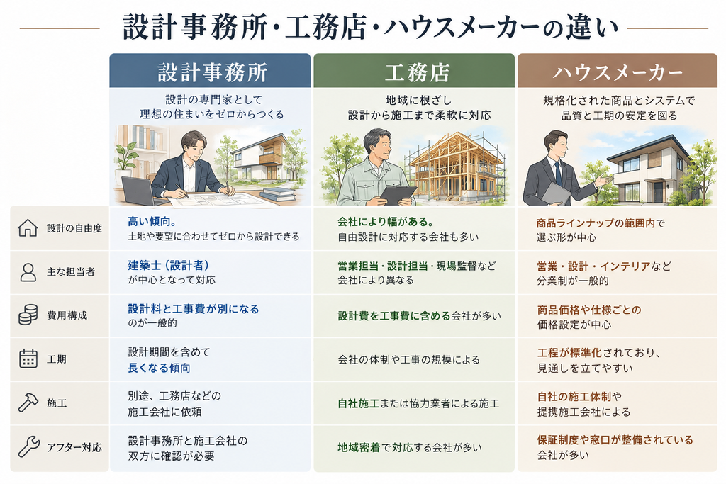 設計事務所・工務店・ハウスメーカーの設計と施工の役割分担を比較した図解