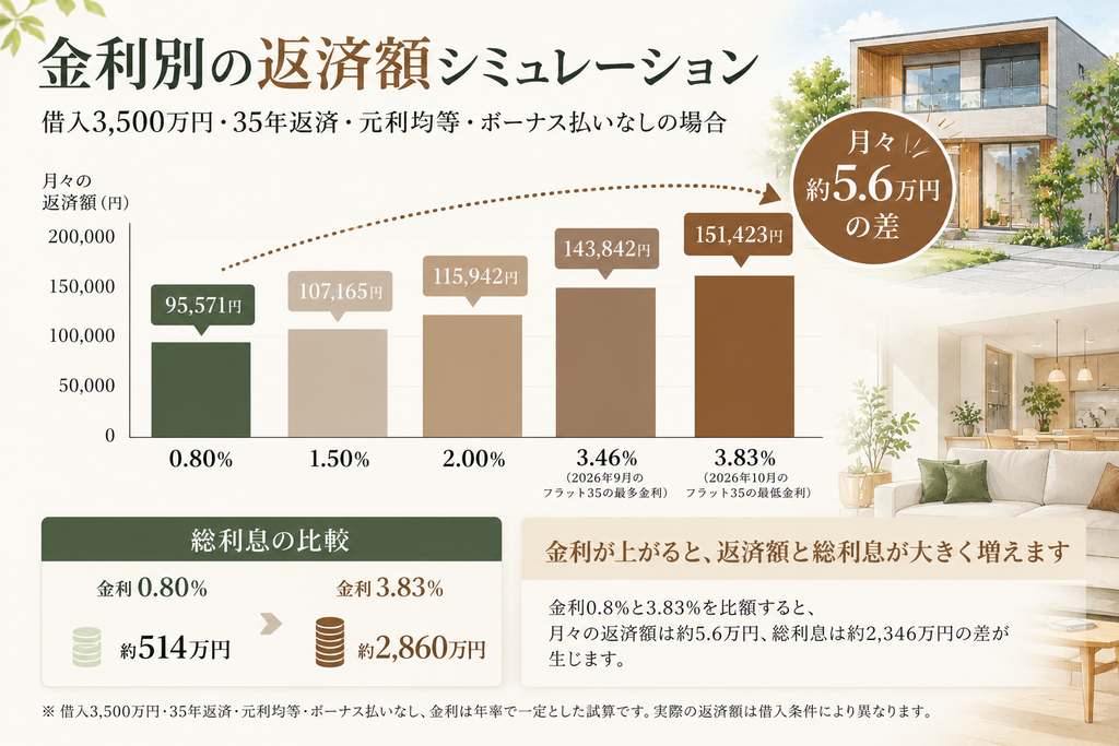 住宅ローンの金利別に月々の返済額と総利息を比較した図解。金利0.8%と3.83%では月々約5.6万円の差が生じる