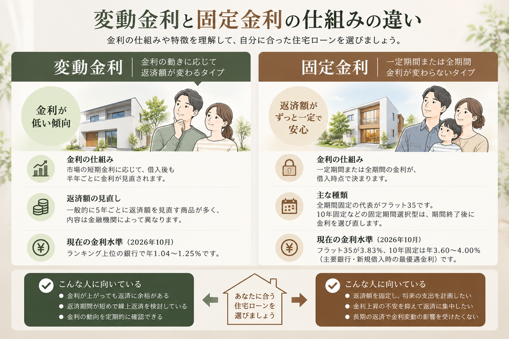 住宅ローンの変動金利と固定金利について、金利の仕組み、返済額の見直し、2026年10月時点の金利水準、向いている人の特徴を左右で比較した図解