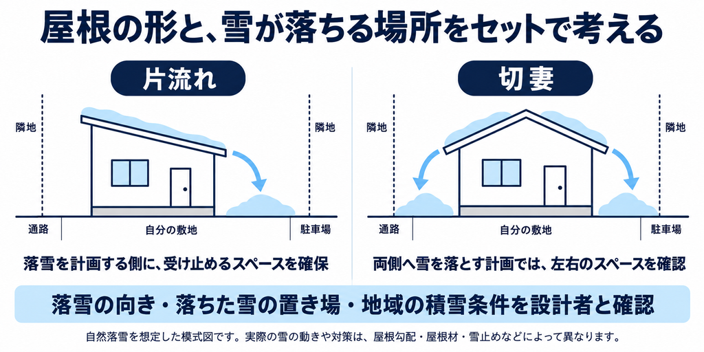 片流れと切妻の屋根で落雪方向を比較し、隣地や駐車場、通路を避けて雪を受け止める空間を確保する考え方を示す図