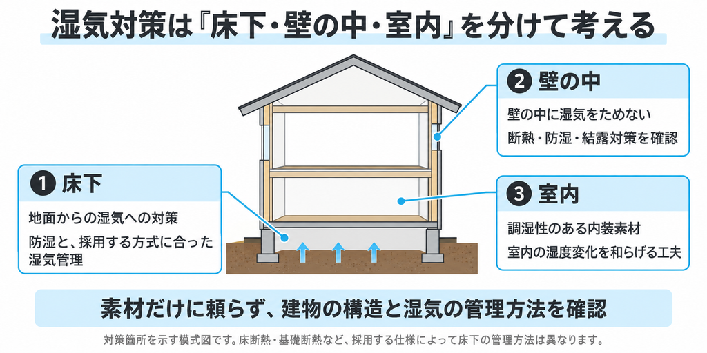 平屋の床下、壁の中、室内を分けて示し、防湿や結露対策、調湿性のある内装素材で湿気を管理する考え方を表した図