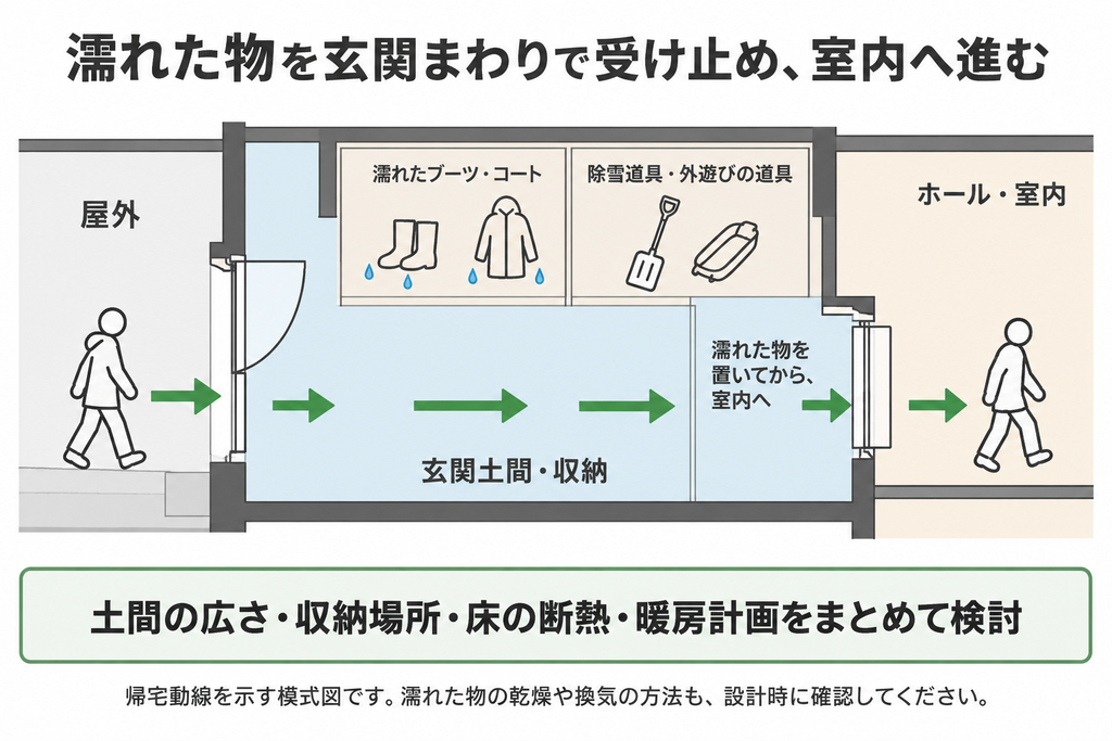 屋外から玄関土間と収納を経て室内へ進む動線と、濡れたブーツやコート、除雪道具を玄関まわりに置く配置を示した図