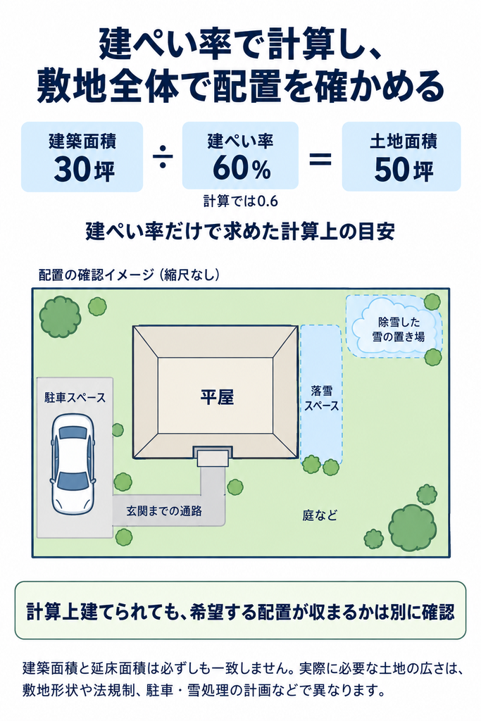 建築面積30坪と建ぺい率60%から土地50坪を求める計算例と、駐車場や通路、雪の置き場も含めた敷地計画を示した図